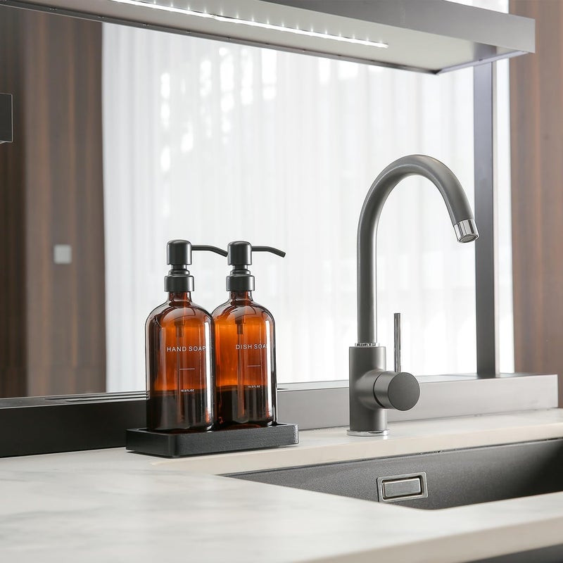 Prus Waso Amber Soap Dispenser Set, Soap Dispenser for Kitchen Sink with Black Stainless Steel Pump, Perfect for Kitchen Accessories Decor. (Amber) - Image 2